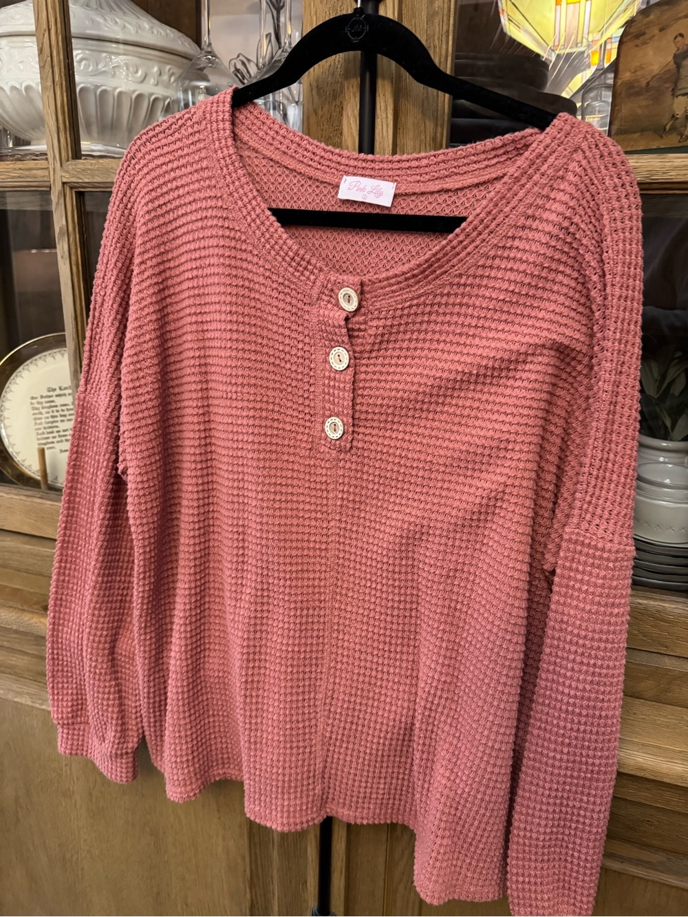 Pink Lily Dusty Rose Waffle Henley Sweatshirt